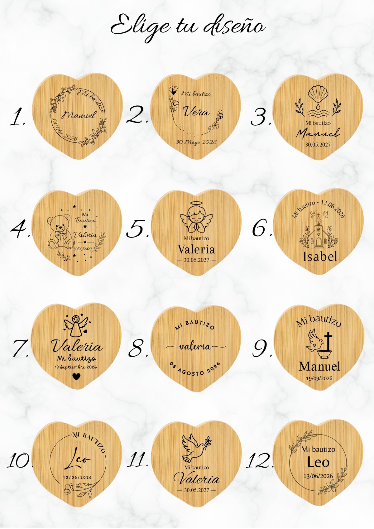 Abridor de bambú en forma de corazón personalizado | Detalle de bautizo para invitados