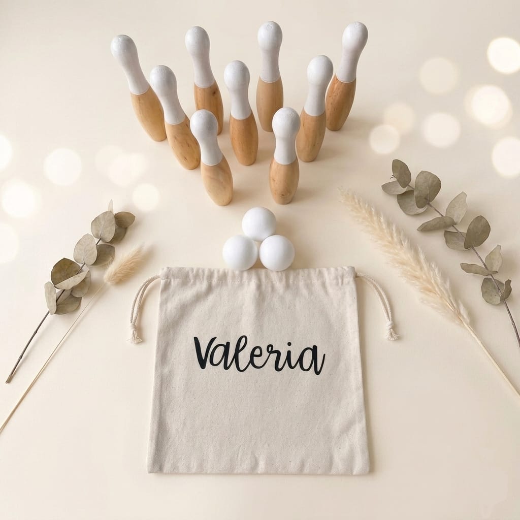 Juego de Bolos de Madera Personalizado · 9 Bolos y 3 Bolas · Detalle Infantil para Bodas, Comuniones y Bautizos