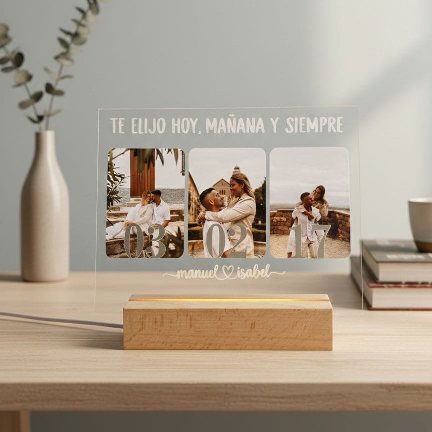 LÁMPARA PERSONALIZADA CON 3 FOTOS, FECHA Y DEDICATORIA