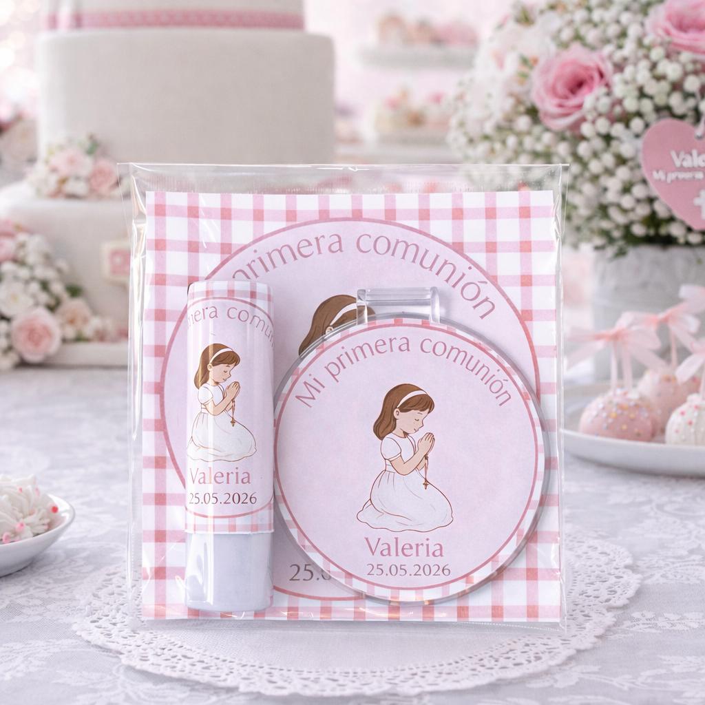 Set Bálsamo Labial y Espejo de Bolsillo Personalizado · Detalle para Invitados de Comunión