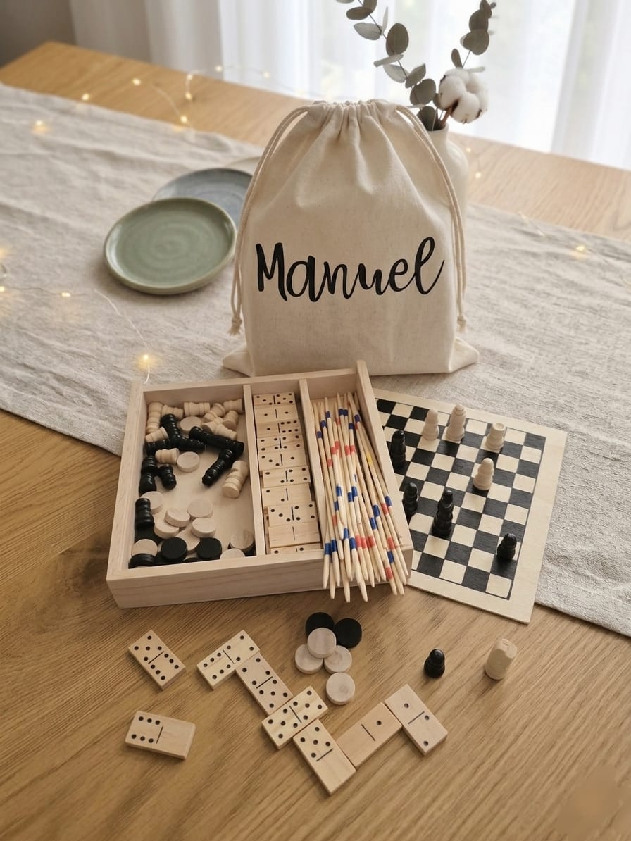 Set de Juegos de Madera 4 en 1 Personalizado · Mikado, Ajedrez, Damas y Dominó · Detalle Infantil Bodas, Comuniones y Bautizos
