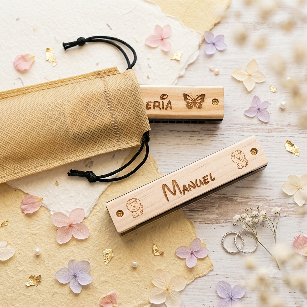 Armónica de madera personalizable con nombre | Detalle infantil para bodas, bautizos y comuniones