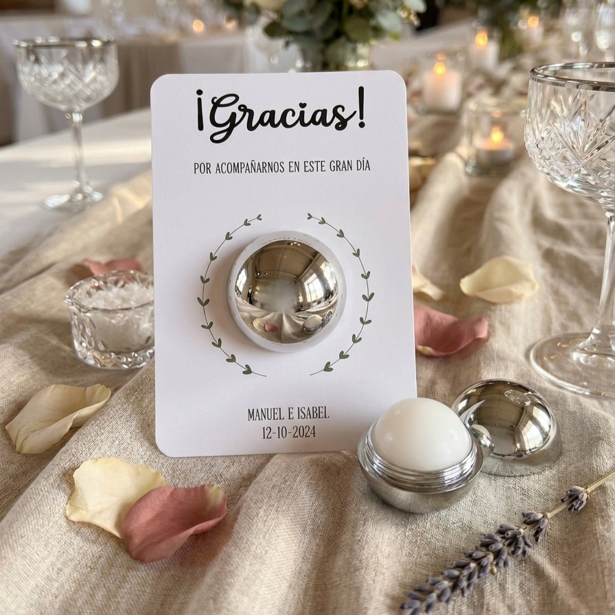 Bálsamo labial con tarjeta personalizada para boda - Detalles para invitados.