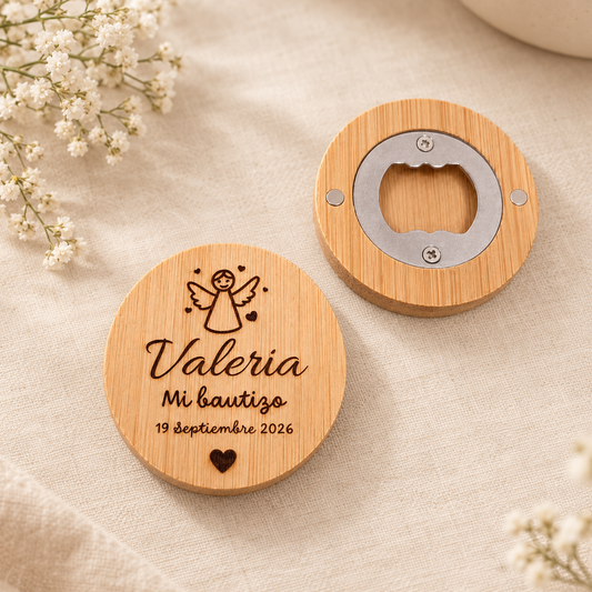 Abridor magnético de bambú personalizado | Detalle de bautizo para invitados