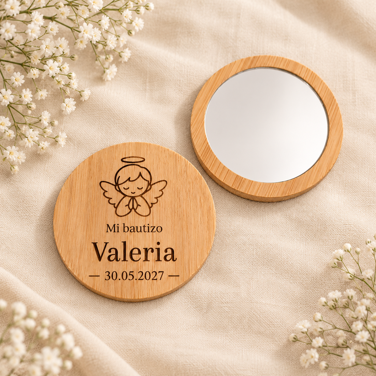 Espejo de bolsillo de bambú personalizado | Detalle de bautizo para invitados