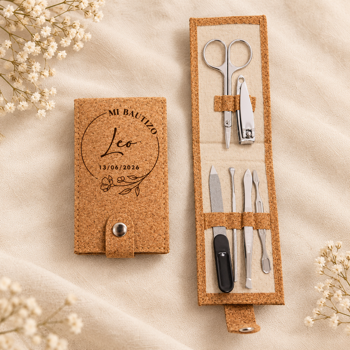 Set de manicura personalizado con funda de corcho | Detalle de bautizo para invitados