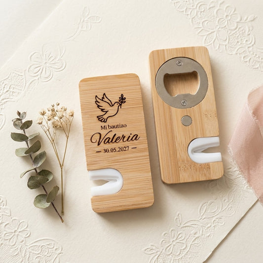 Abridor y afilador 2 en 1 de bambú personalizado | Detalle de bautizo para invitados