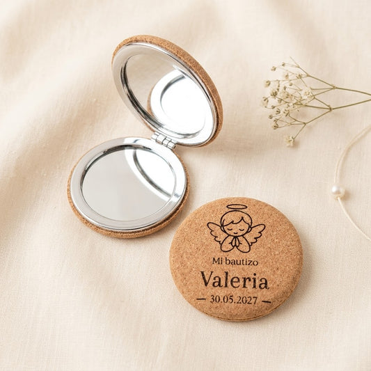 Espejo de bolsillo de corcho personalizado con aumento | Detalle de bautizo para invitados