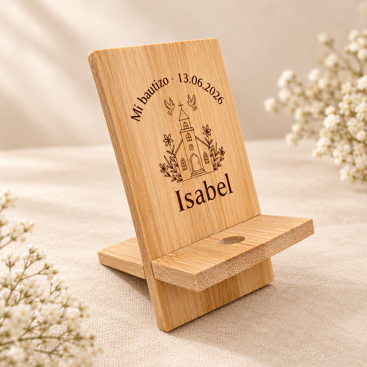 Soporte de bambú para móvil personalizado | Detalle de bautizo para invitados