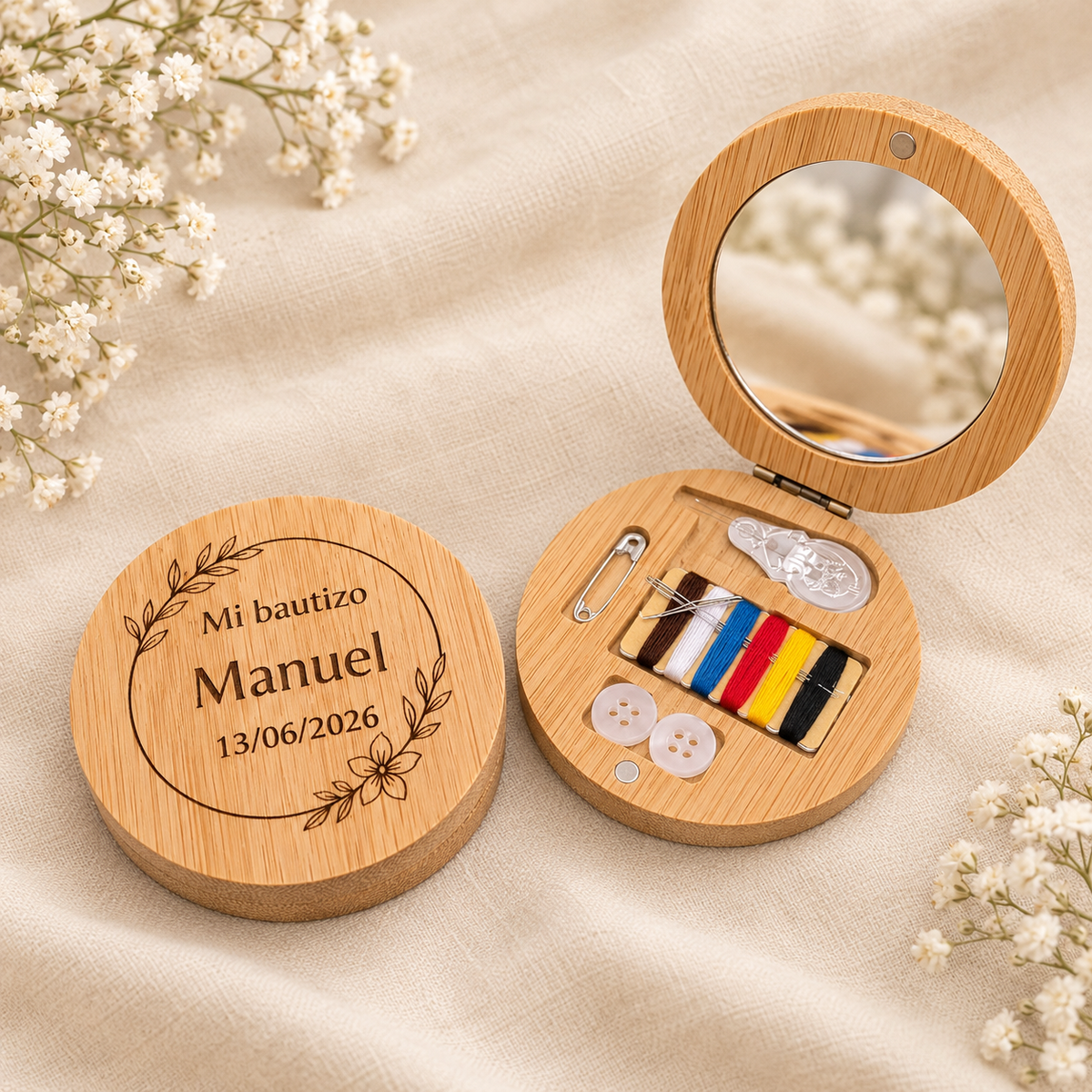 Set de costura de bambú personalizado con espejo | Detalle de bautizo para invitados