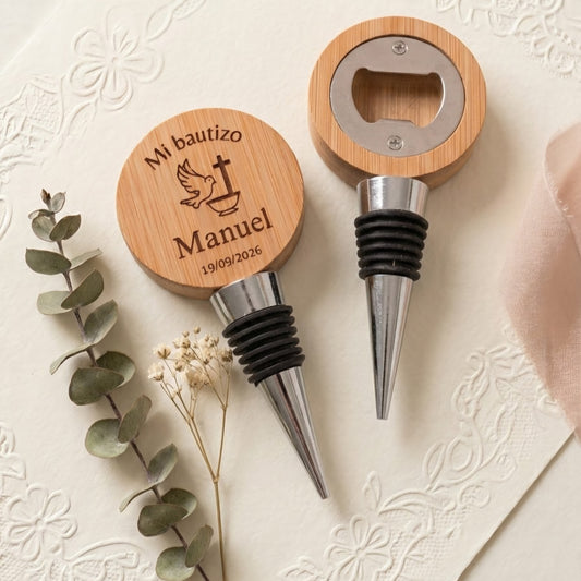 Tapón para botellas con abridor de bambú personalizado | Detalle de bautizo para invitados