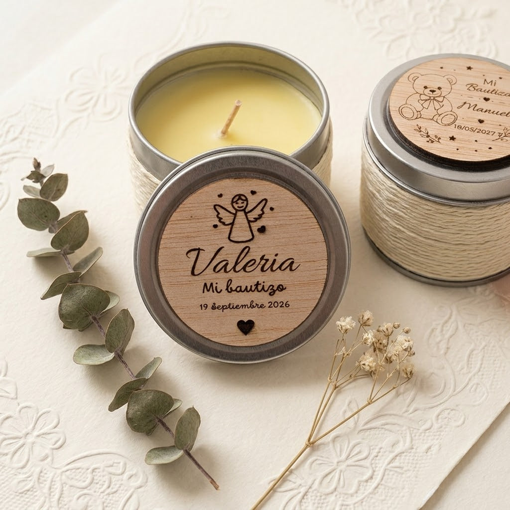 Vela aromática de vainilla personalizada | Detalle de bautizo para invitados