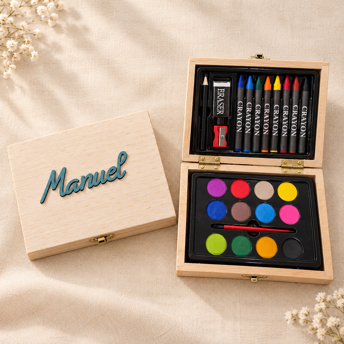 Set de colorear personalizado con nombre en estuche de madera | Detalle infantil para bodas, bautizos y comuniones