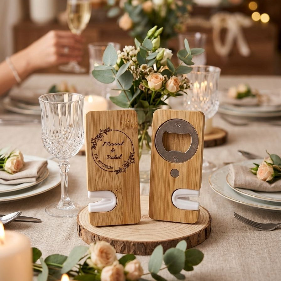 Abridor y Afilador 2 en 1 de Bambú Personalizado · Detalle para Invitados de Boda