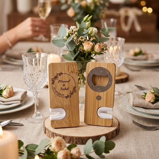 Abridor y Afilador 2 en 1 de Bambú Personalizado · Detalle para Invitados de Boda