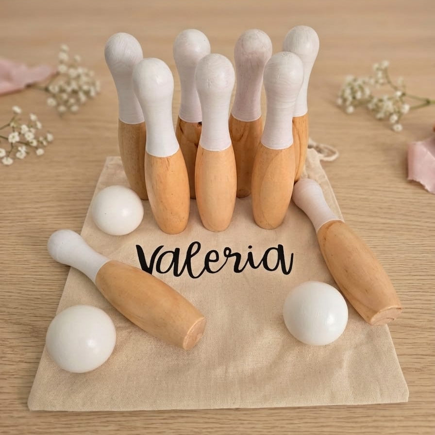 Juego de Bolos de Madera Personalizado · 9 Bolos y 3 Bolas · Detalle Infantil para Bodas, Comuniones y Bautizos