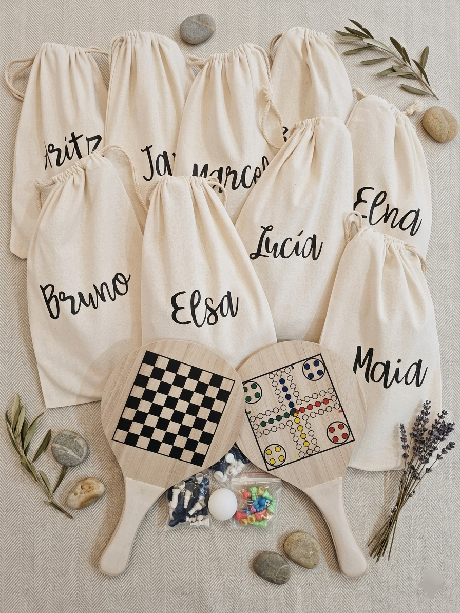 Juego de Palas Multijuego Personalizado de Madera · Detalle Infantil para Bodas, Comuniones y Bautizos