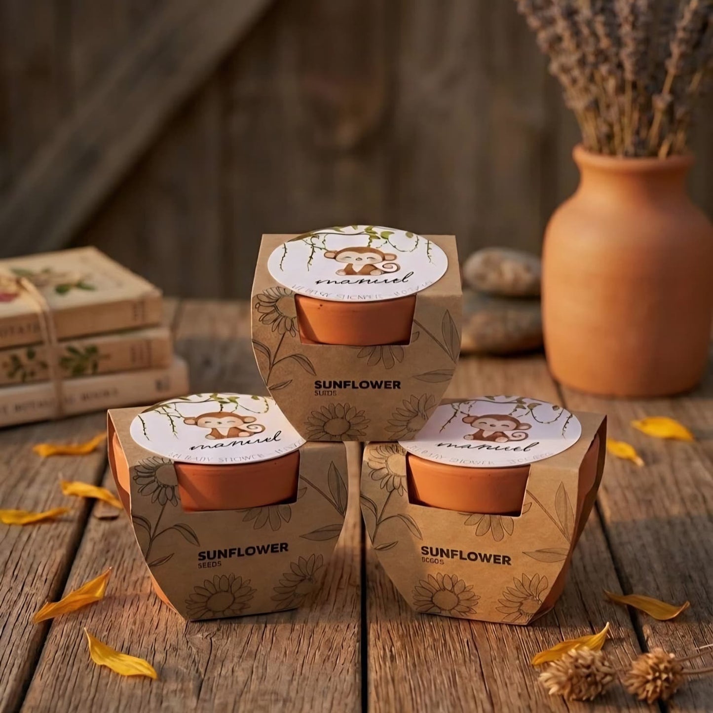 Macetero de Terracota con Semillas de Girasol Personalizado · Detalle para Invitados de Comunión