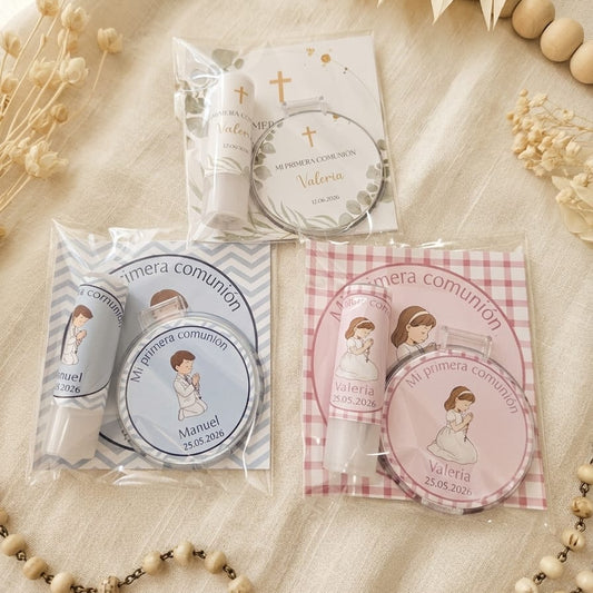 Set Bálsamo Labial y Espejo de Bolsillo Personalizado · Detalle para Invitados de Comunión