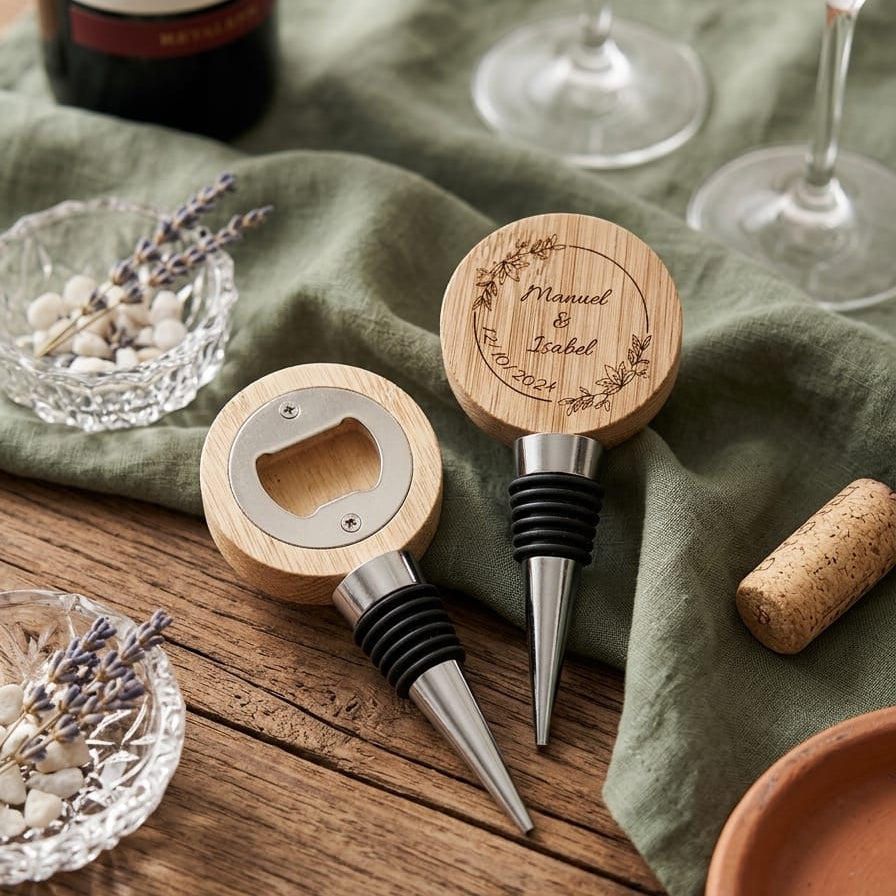 Tapón de Botella con Abridor Personalizado de Bambú · Detalle para Invitados de Boda
