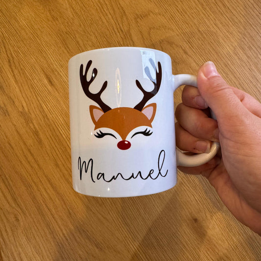 Taza de Navidad Personalizada con Reno y Nombre