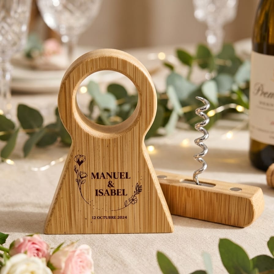 Sacacorchos de Bambú con Soporte para Botella Personalizado · Detalle para Invitados de Boda