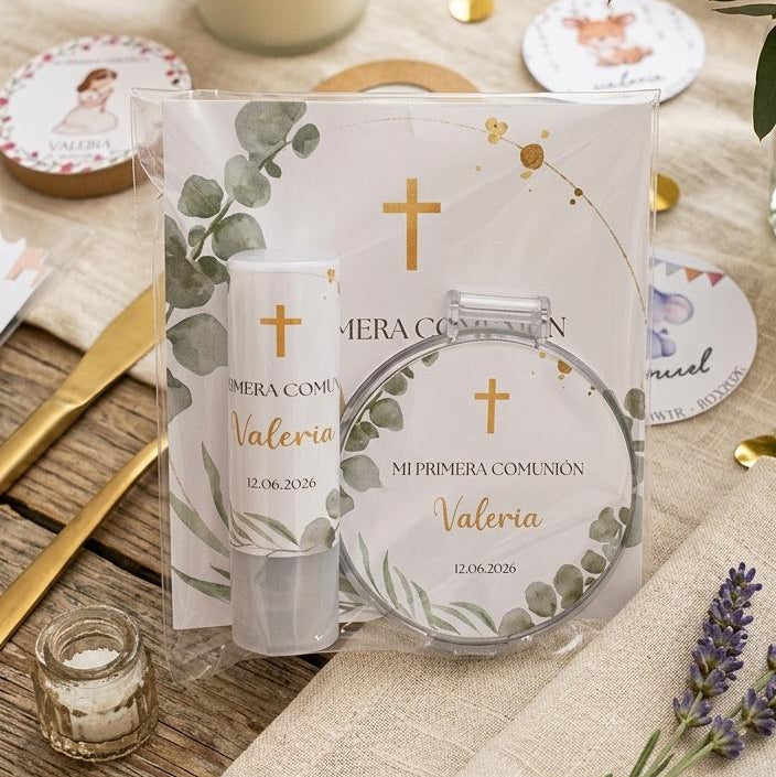 Set Bálsamo Labial y Espejo de Bolsillo Personalizado · Detalle para Invitados de Comunión