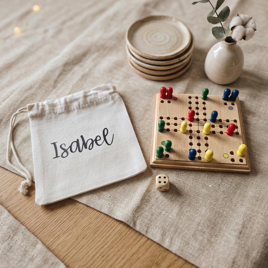 Parchís de Bambú Personalizado con Funda de Algodón · Detalle Infantil para Bodas, Comuniones y Bautizos