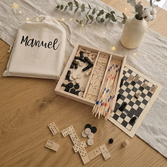 Set de Juegos de Madera 4 en 1 Personalizado · Mikado, Ajedrez, Damas y Dominó · Detalle Infantil Bodas, Comuniones y Bautizos