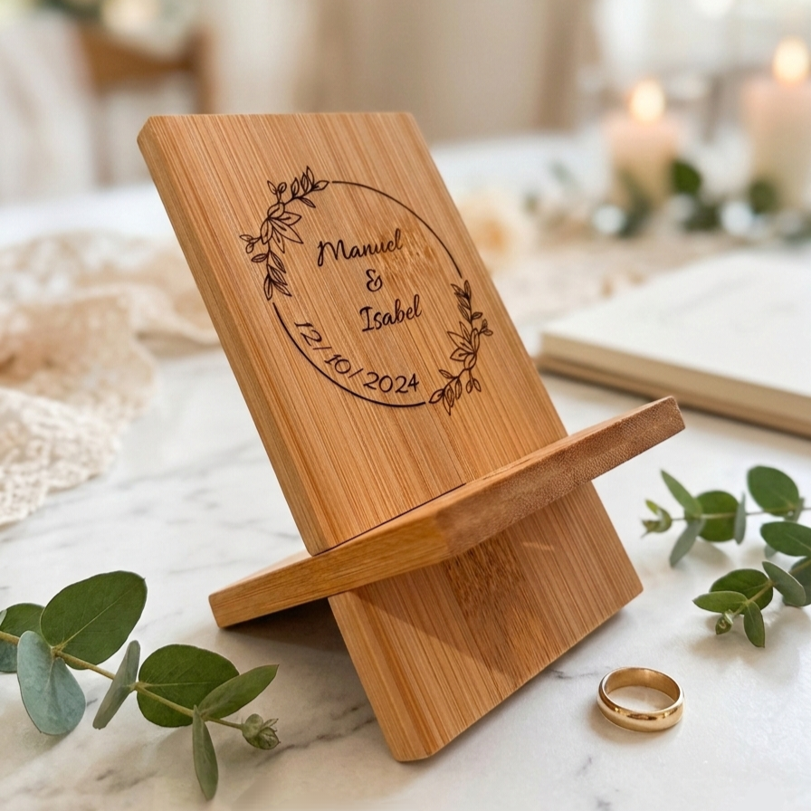 Soporte para móvil de madera personalizado – Detalle de boda útil