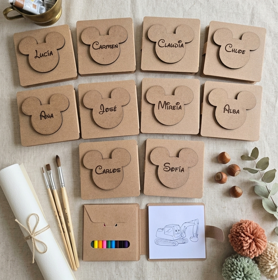 Set Infantil para Colorear Personalizado con Nombre en Madera – Forma Mickey