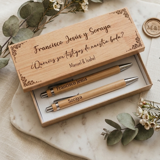 Estuche Doble con 2 Bolígrafos Personalizados para Testigos de Boda