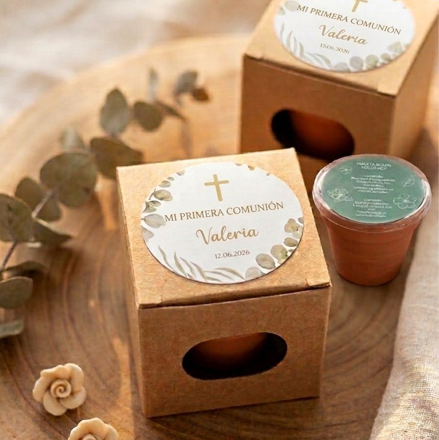 Maceta Biodegradable con Semillas de Petunia · Detalle Personalizado para Comunión