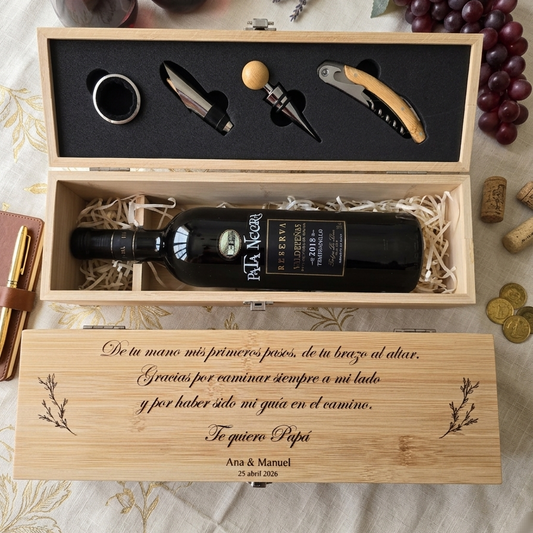 Caja de vino personalizada con accesorios y grabado láser