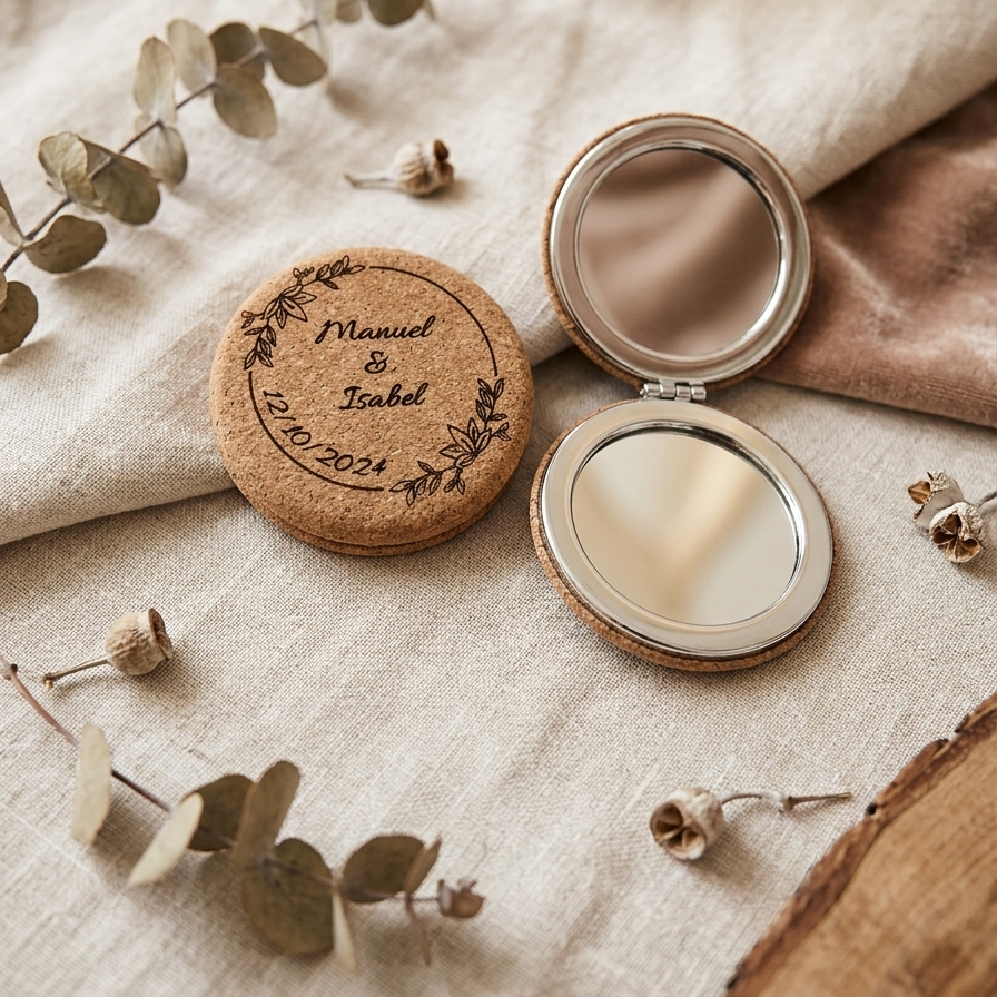 Espejo de Bolsillo en Corcho Natural Personalizado | Detalle de Boda Sostenible