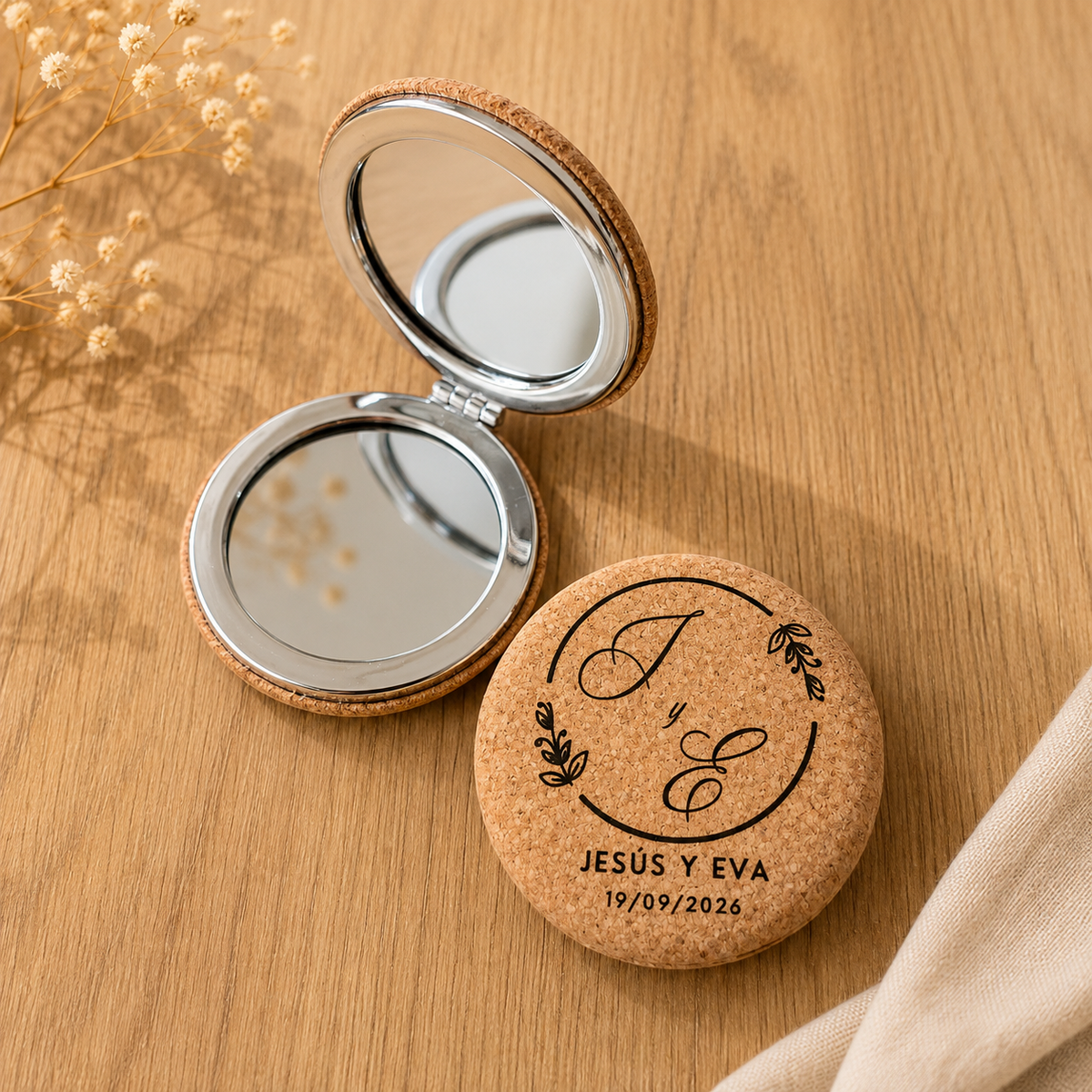 Espejo de Bolsillo en Corcho Natural Personalizado | Detalle de Boda Sostenible