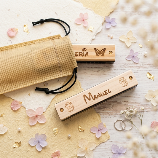 Armónica de madera personalizable con nombre | Detalle infantil para bodas, bautizos y comuniones
