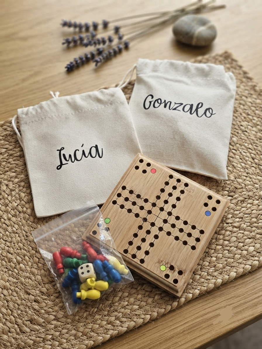 Parchís de Bambú Personalizado con Funda de Algodón · Detalle Infantil para Bodas, Comuniones y Bautizos