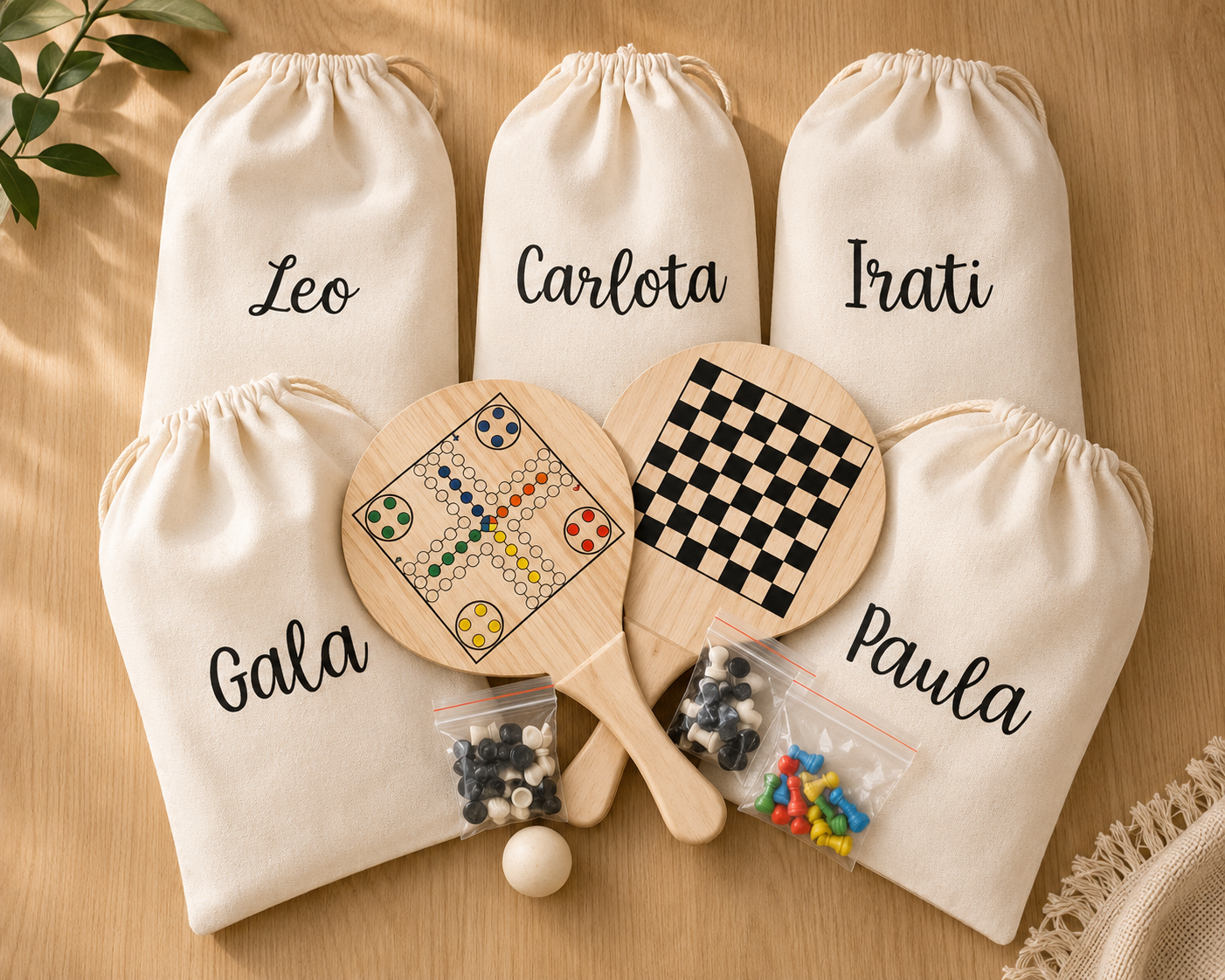 Juego de Palas Multijuego Personalizado de Madera · Detalle Infantil para Bodas, Comuniones y Bautizos
