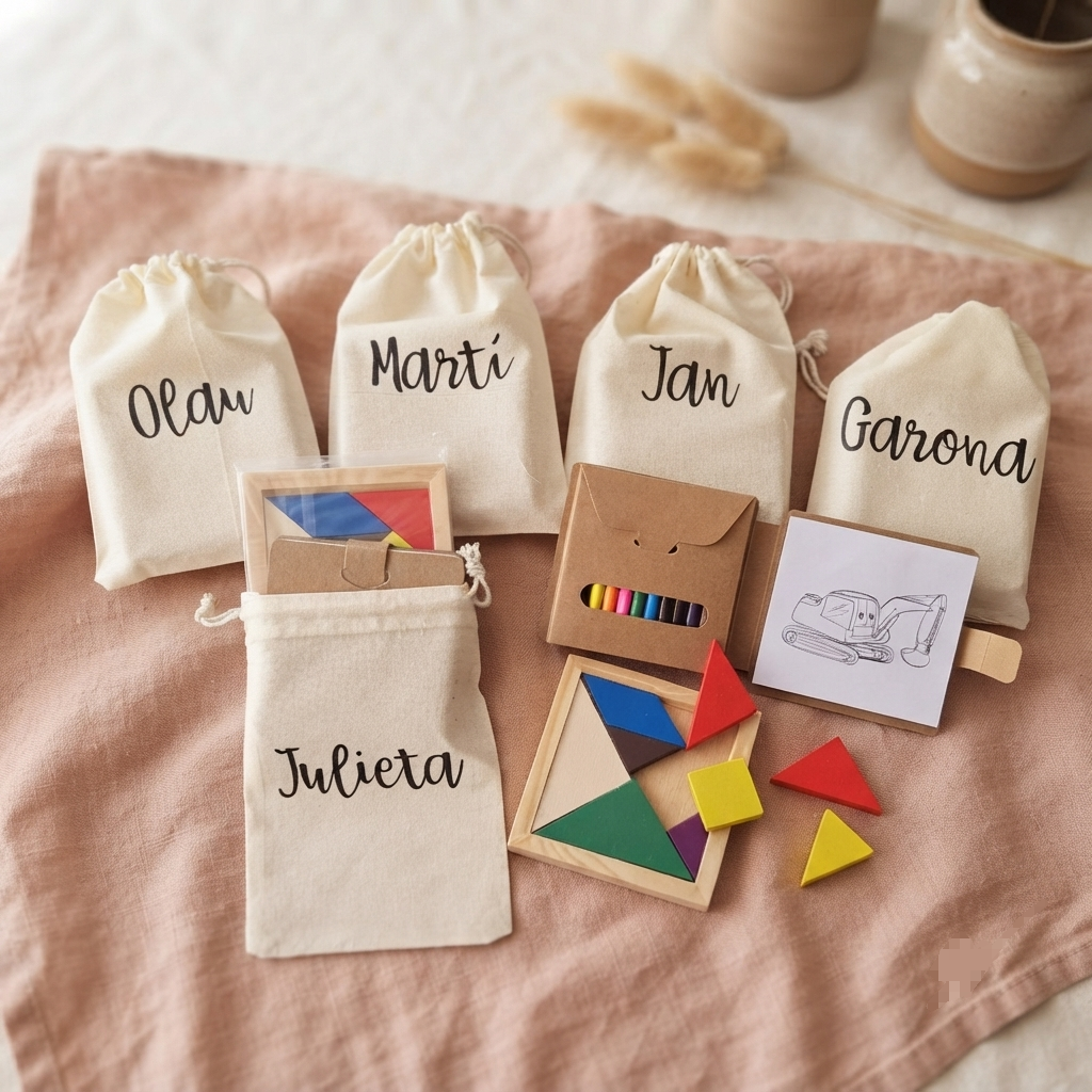 Set Infantil Personalizado · Tangram de Madera + Bloc de Colorear + Lápices · Detalle para Niños en Bodas, Comuniones y Bautizos