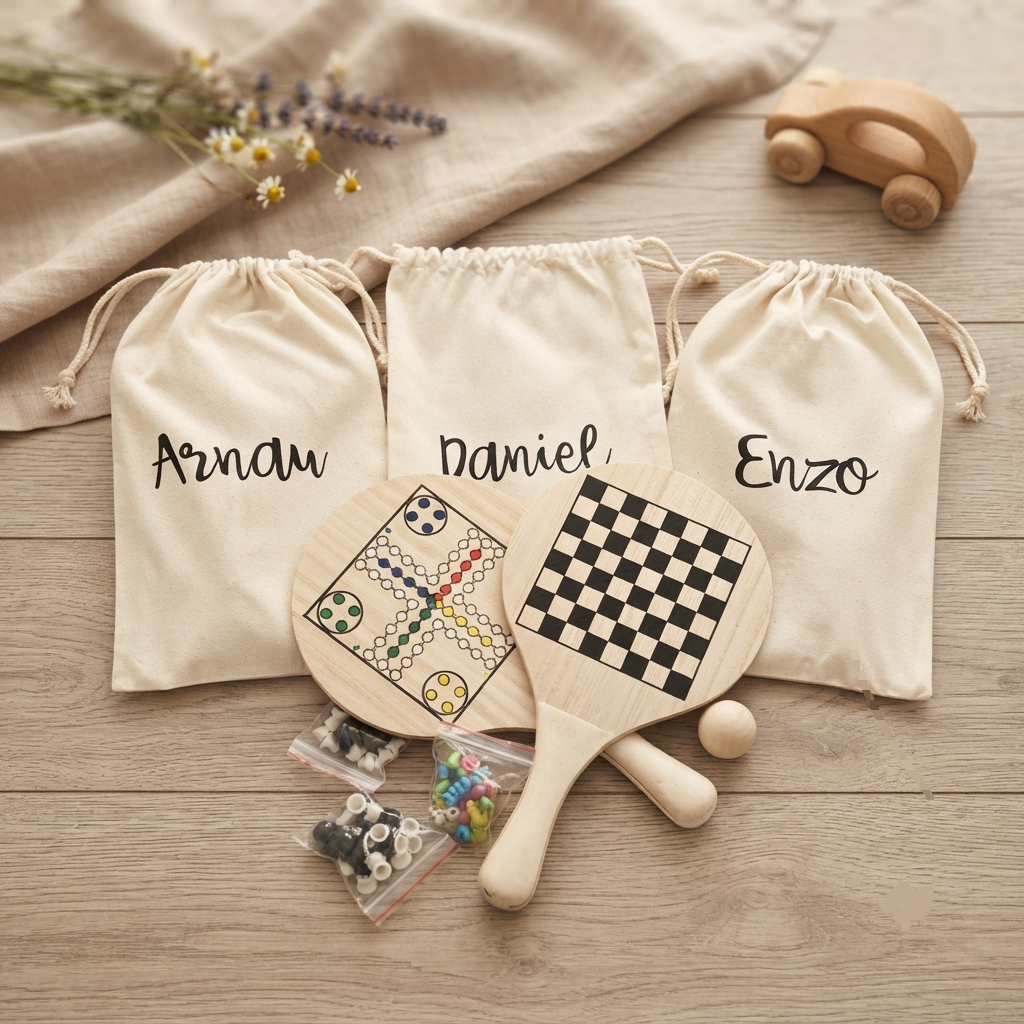 Juego de Palas Multijuego Personalizado de Madera · Detalle Infantil para Bodas, Comuniones y Bautizos