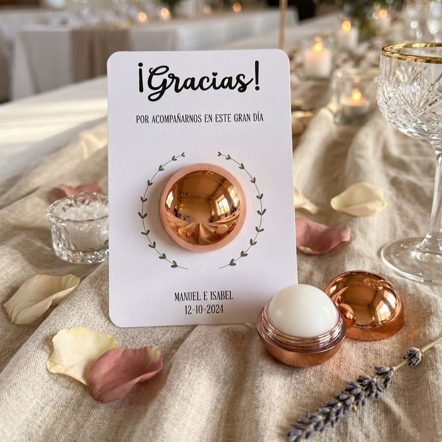 Bálsamo labial con tarjeta personalizada para boda - Detalles para invitados.