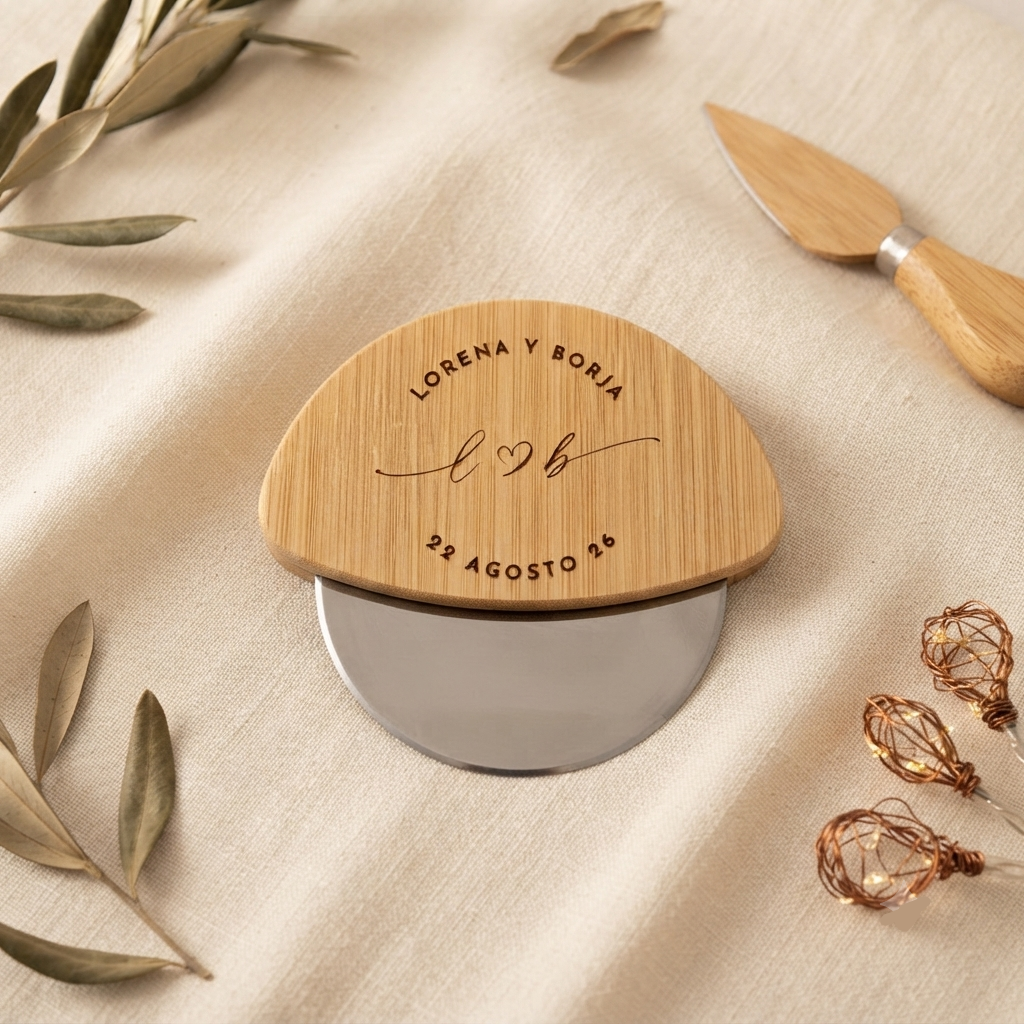 Cortapizzas de madera personalizado – Detalle original de boda