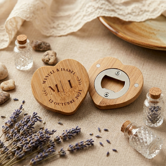 Abridor de madera con forma de corazón – Detalle de boda personalizado