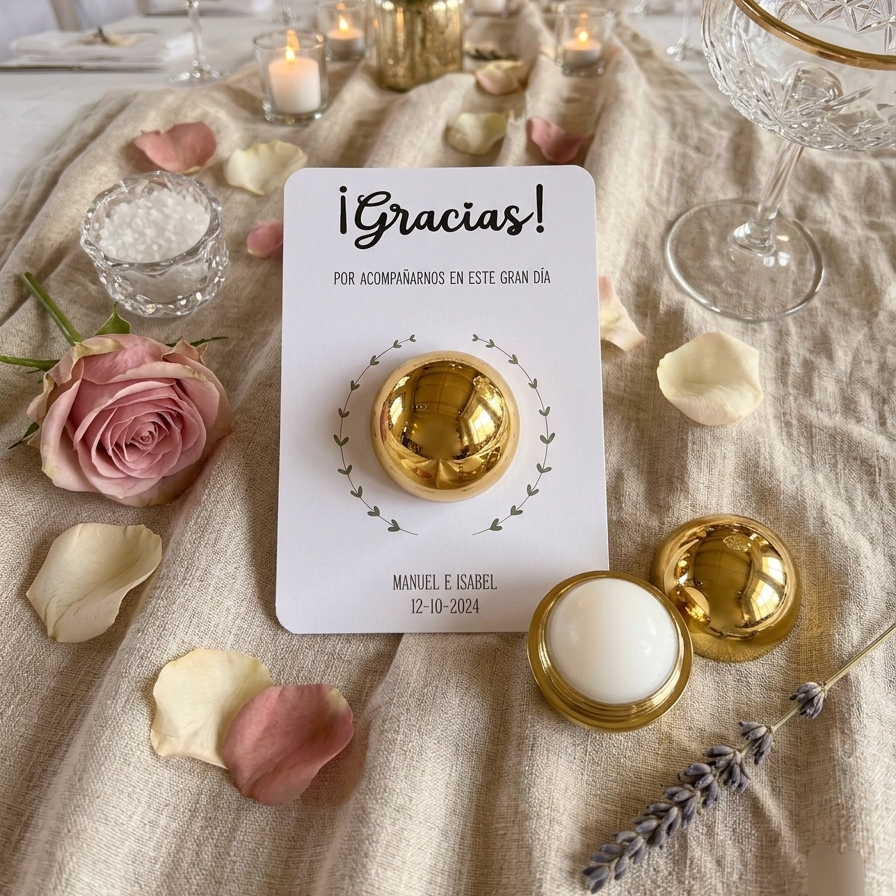 Bálsamo labial con tarjeta personalizada para boda - Detalles para invitados.