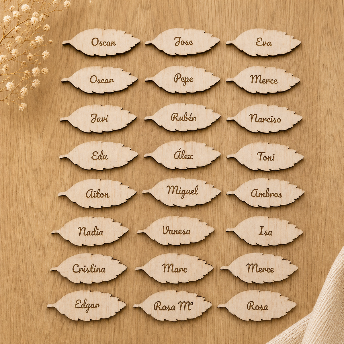 Marcasitios Hoja de Madera Personalizado | Detalle de Boda Orgánico e Imán