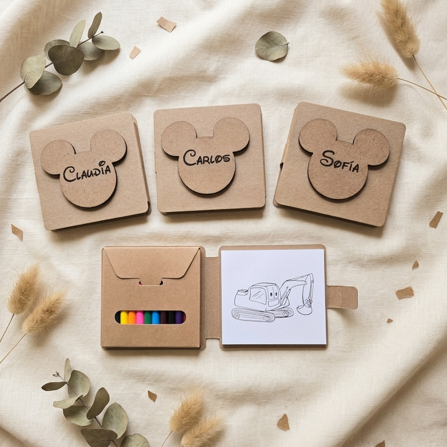 Set Infantil para Colorear Personalizado con Nombre en Madera – Forma Mickey